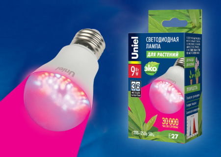 Uniel фито лампа св/д для растений A60 E27 9W 9мкмоль/с, прозр. 108x60 IP20 LED-A60-9W/SP/E27/CL